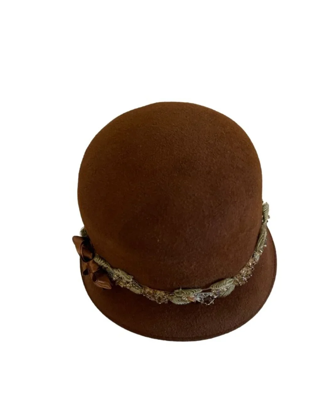 Louise Green Brown Felt Hat With Beaded Floral Trim & Bow Accent